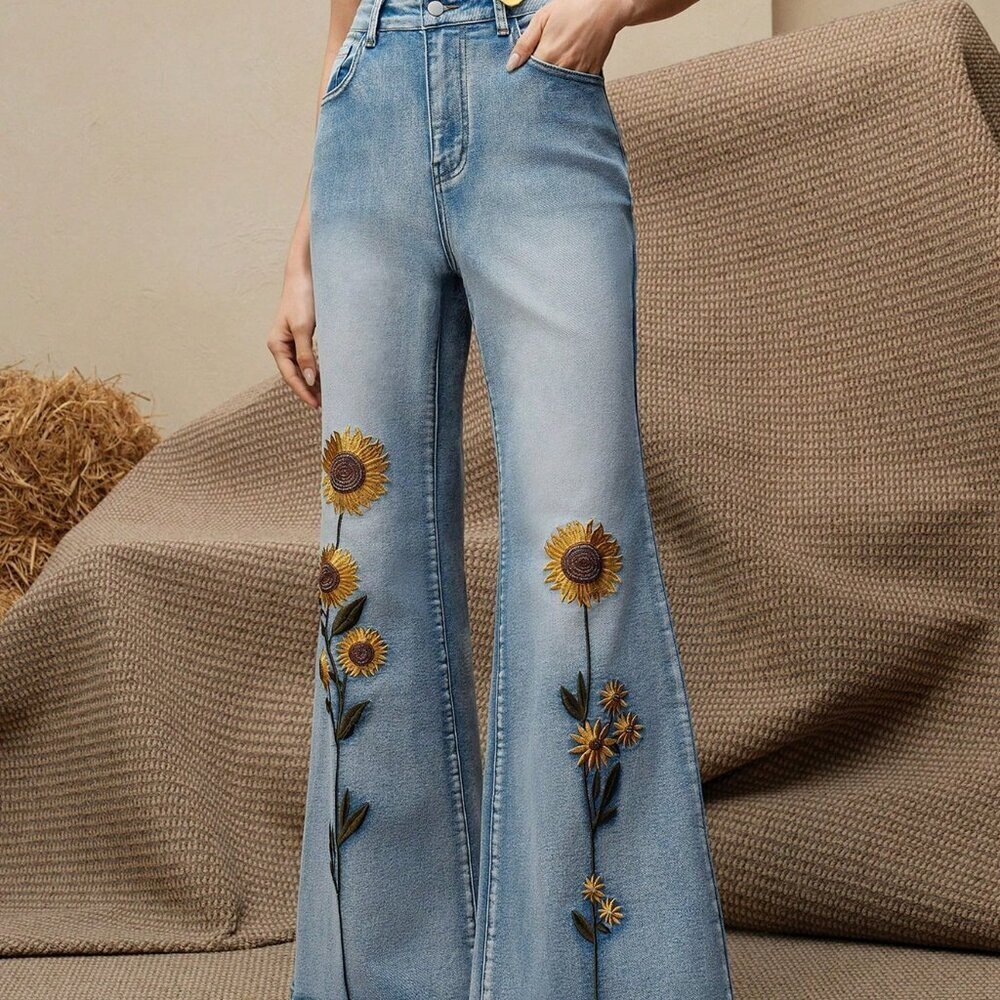 Light Wash Women's Casual Sunflower Embroidery Pocket Flared Jeans - Picture 3 of 7